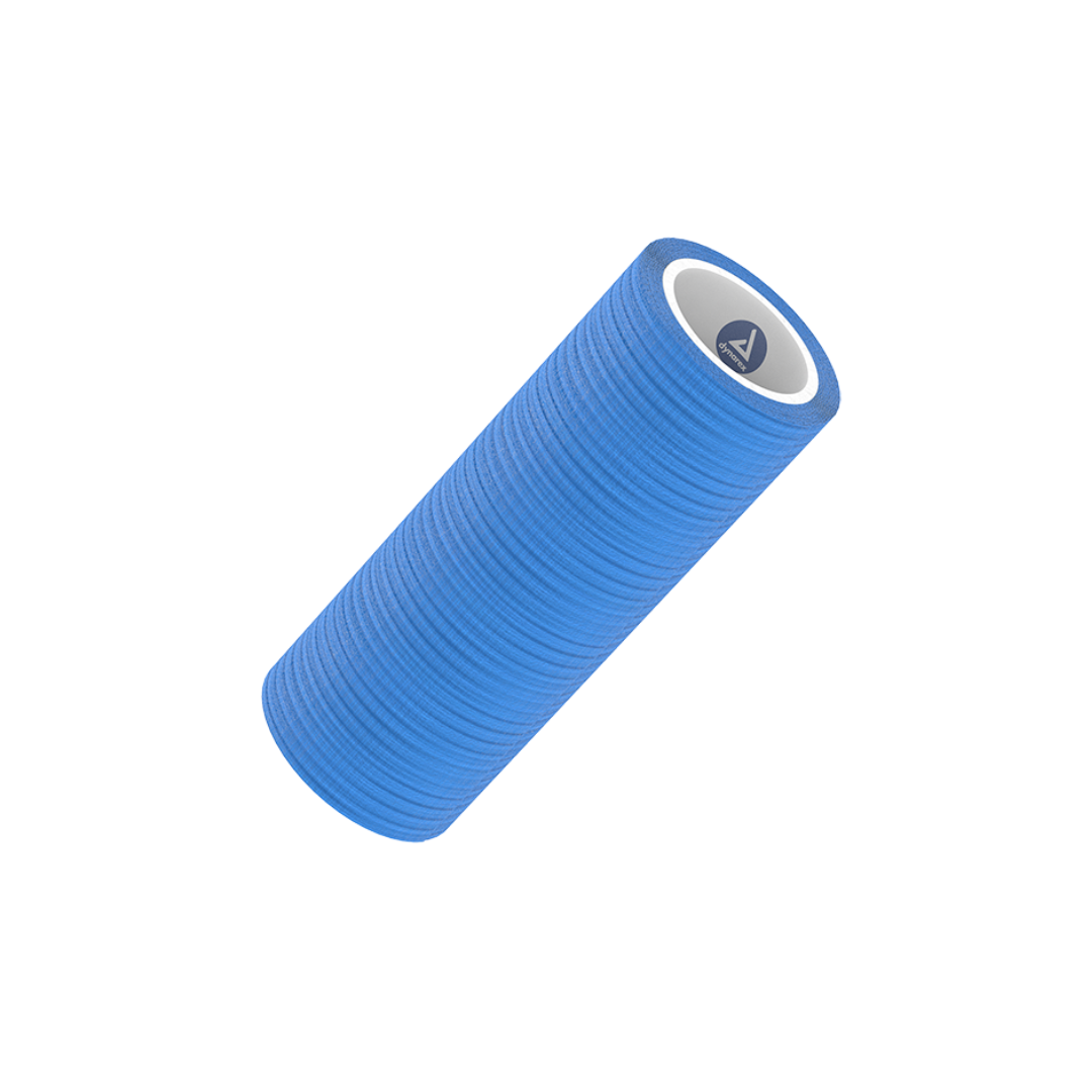 A roll of Dynarex Sensi Wrap Self-Adherent Latex Bandages in blue is shown at an angle on a white background, with a textured surface and a visible grey circular logo on one end of the white inner core.